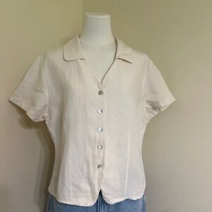 Dress Barn Silk Linen Blend Short Sleeve Button Up Blouse Cream Women Large